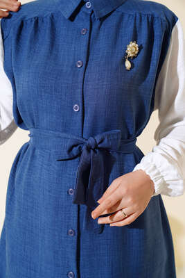 Belden Kuşaklı Garnili İkili Takım İndigo - Thumbnail