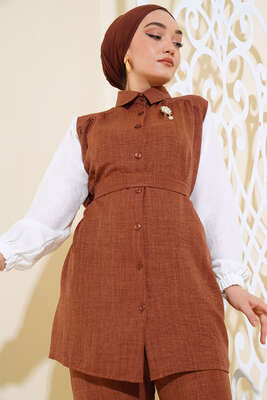 Belden Kuşaklı Garnili İkili Takım Kahve - Thumbnail