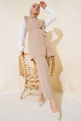 Belden Kuşaklı Garnili İkili Takım Latte - Thumbnail