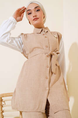 Belden Kuşaklı Garnili İkili Takım Latte - Thumbnail