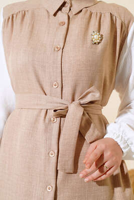 Belden Kuşaklı Garnili İkili Takım Latte - Thumbnail