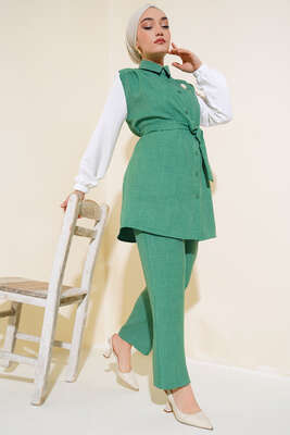 Pazarium - Belden Kuşaklı Garnili İkili Takım Yeşil