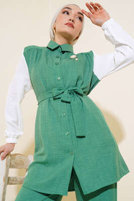 Belden Kuşaklı Garnili İkili Takım Yeşil - Thumbnail