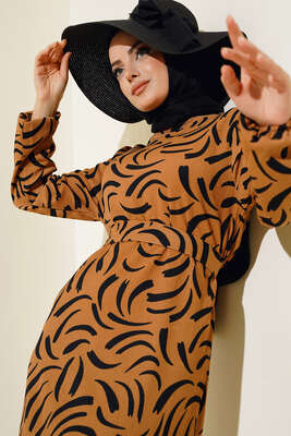 Desenli Bürümcük Elbise Camel - Thumbnail