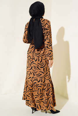 Desenli Bürümcük Elbise Camel - Thumbnail