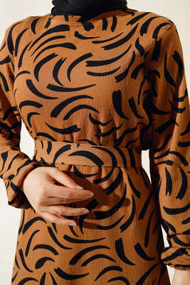 Desenli Bürümcük Elbise Camel - Thumbnail