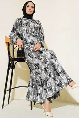 Pazarium - Kendinden Desenli Kat Elbise Füme