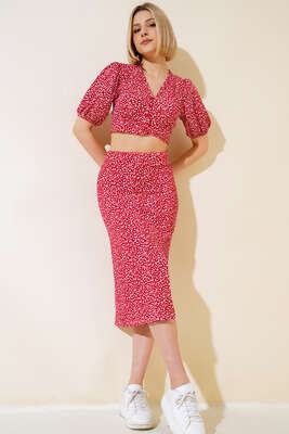 Pazarium - Desenli Etekli Takım Kırmızı