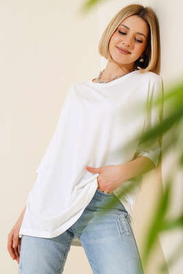 Basıc Oversize T-Shirt Ekru - Thumbnail
