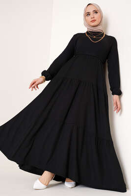 Kat Kat Bürümcük Kuşaklı Elbise Siyah - Thumbnail