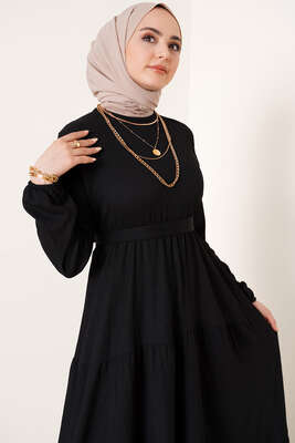 Kat Kat Bürümcük Kuşaklı Elbise Siyah - Thumbnail
