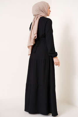 Kat Kat Bürümcük Kuşaklı Elbise Siyah - Thumbnail