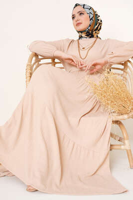 Kat Kat Bürümcük Kuşaklı Elbise Bej - Thumbnail