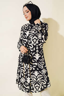 Hareketli Desen Serisi Gömlek Siyah Bej - Thumbnail