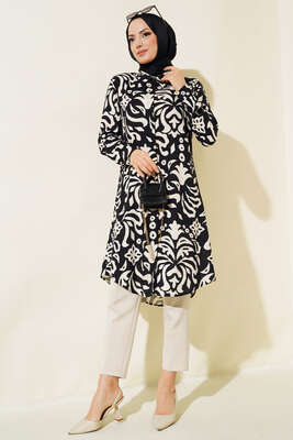 Hareketli Desen Serisi Gömlek Siyah Bej - Thumbnail