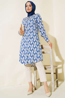 Hareketli Desen Serisi Gömlek Saks Ekru - Thumbnail