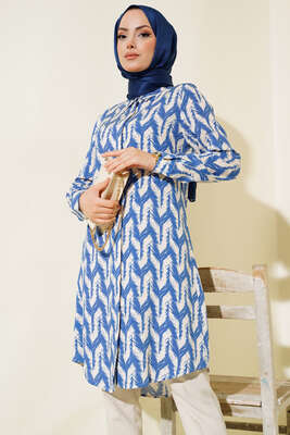 Hareketli Desen Serisi Gömlek Saks Ekru - Thumbnail