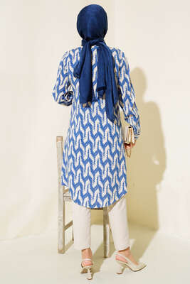 Hareketli Desen Serisi Gömlek Saks Ekru - Thumbnail