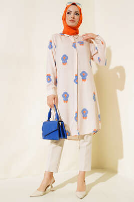 Hareketli Desen Serisi Gömlek Bej Saks - Thumbnail