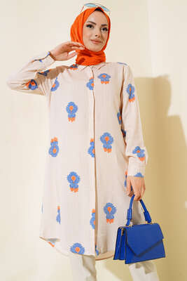 Hareketli Desen Serisi Gömlek Bej Saks - Thumbnail