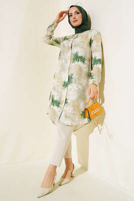 Hareketli Desen Serisi Gömlek Yeşil Bej - Thumbnail