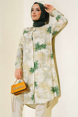 Hareketli Desen Serisi Gömlek Yeşil Bej - Thumbnail