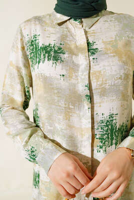 Hareketli Desen Serisi Gömlek Yeşil Bej - Thumbnail