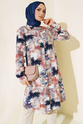 Hareketli Desen Serisi Gömlek Kiremit Lacivert - Thumbnail