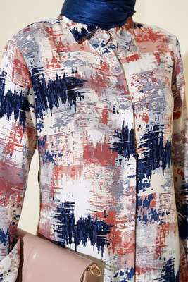 Hareketli Desen Serisi Gömlek Kiremit Lacivert - Thumbnail