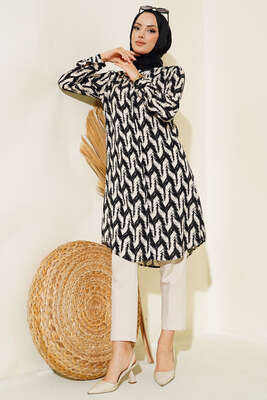 Hareketli Desen Serisi Gömlek Siyah Krem - Thumbnail