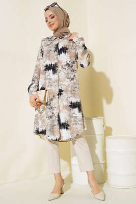 Hareketli Desen Serisi Gömlek Latte Siyah - Thumbnail