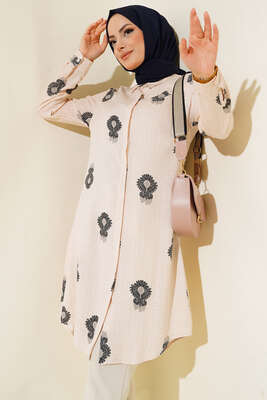 Hareketli Desen Serisi Gömlek Bej Siyah - Thumbnail