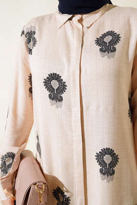 Hareketli Desen Serisi Gömlek Bej Siyah - Thumbnail