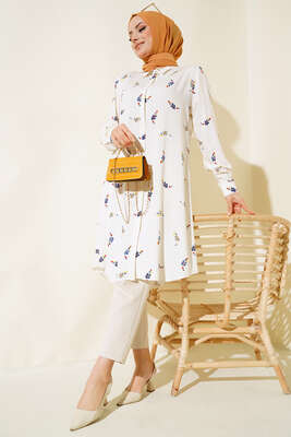 Hareketli Desen Serisi Gömlek Ekru Çiçekli - Thumbnail
