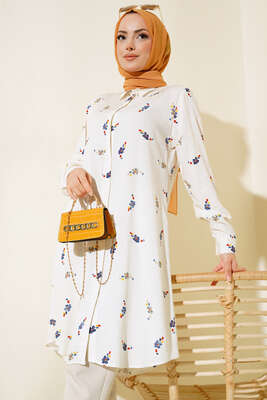 Hareketli Desen Serisi Gömlek Ekru Çiçekli - Thumbnail