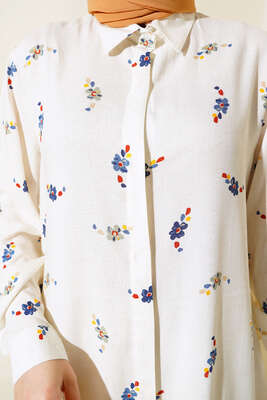 Hareketli Desen Serisi Gömlek Ekru Çiçekli - Thumbnail