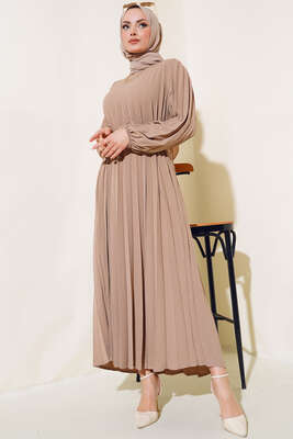 Piliseli Kemerli Ayrobin Elbise Vizon - Thumbnail