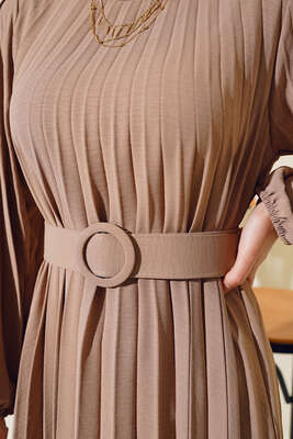 Piliseli Kemerli Ayrobin Elbise Vizon - Thumbnail