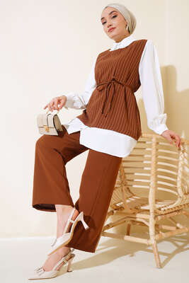 Pazarium - Gömlek Garnili Kuşaklı Çizgili Takım Taba