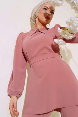 Pazarium - Yakası Taş Detaylı İkili Takım Pudra