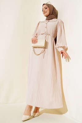 Pazarium - Yaka Dantelli Bel Tünelli Elbise Bej