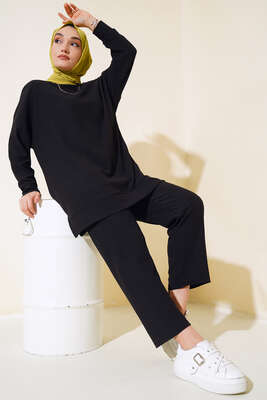 Pazarium - Yanları Yırtmaçlı Bürümcük İkili Takım Siyah