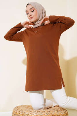 Uzun Kol Basic Tunik Kahve - Thumbnail