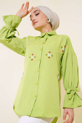 Nakış Detaylı Gömlek Fıstık Yeşil - Thumbnail