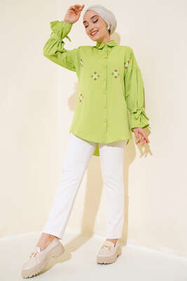 Nakış Detaylı Gömlek Fıstık Yeşil - Thumbnail