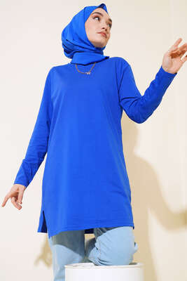 Uzun Kol Basic Tunik Saks - Thumbnail