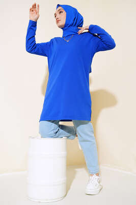 Uzun Kol Basic Tunik Saks - Thumbnail