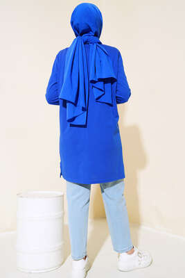 Uzun Kol Basic Tunik Saks - Thumbnail