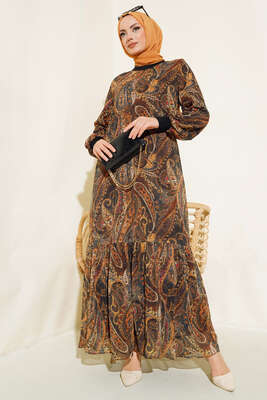 Desenli Şifon Elbise Hardal - Thumbnail