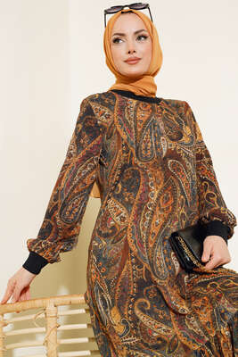 Desenli Şifon Elbise Hardal - Thumbnail